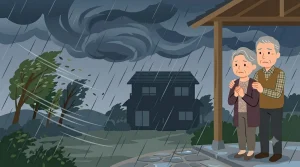台風や災害に不安を感じる高齢夫婦のイラスト|宮崎市清武町のリフォームは長友建築